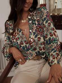 Áo sơ mi dài tay nữ phong cách Bohemian in họa tiết Paisley, thiết kế nhiều nút cài, cổ mở - Màu xanh ngọc, cam, đỏ, xanh dương, xanh lá cây, trắng và đen rực rỡ - Phù hợp cho cả mùa thường ngày lẫn bán trang trọng - Có thể giặt máy - Áo kiểu thanh lịch mùa xuân - Nhiều màu - Xem 4