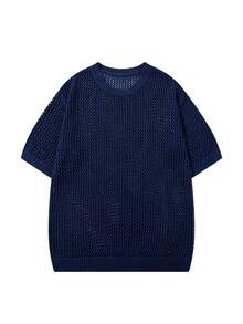 BLACKTOEXIT Men's Knitted Short Sleeve Crew Neck Fitted Loose American Street Style All-Over Hollow Mesh Solid Color Sheer Knit T-Shirt Spring Summer Knit Top - Navy Blue - View 6