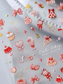 Beautizon Nailartlab Sweet Strawberry Mousse Nail Stickers 3D Embossed Bow & Cake Designs Adhesive Decals For DIY Manicure - Multicolor - View 8