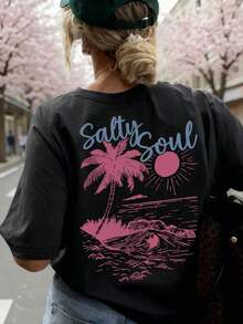 SALTY Women's Spring/Summer New Coconut Tree & Sunshine Print Casual Round Neck Short Sleeve-Shirt, Fashion Versatile, Essential Daily & Vacation Wear. Vacation Printed-Shirt WomenMinimalist Style  Sweatshirt - 黑色 - 查看 6