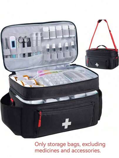 Large First Aid Kit With Shoulder Strap, Medicine Storage Box, Travel Emergency Kit For Car, Home, Office, Outdoor, Camping, Hiking (Only The Storage Bag, No Medicine Or Accessories Included)