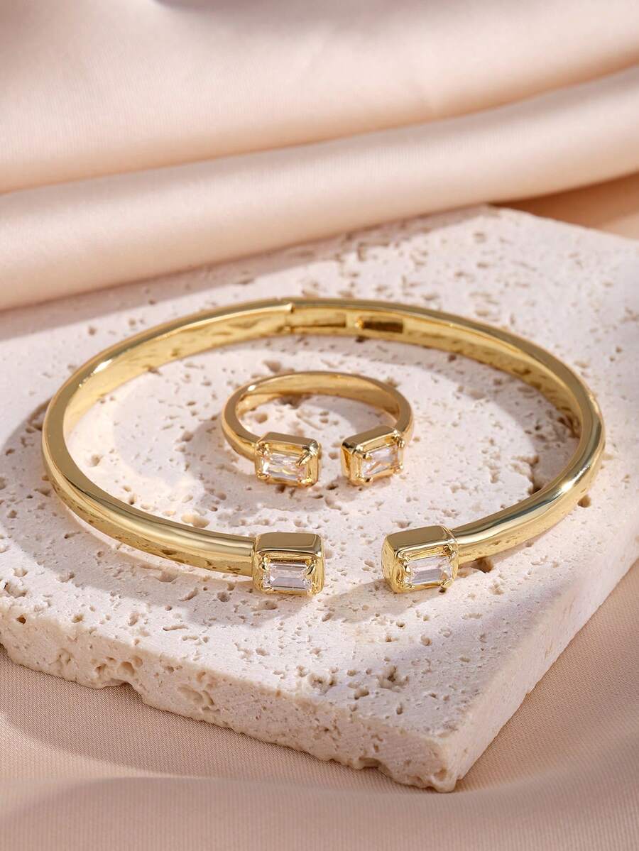 rakol 2pcs Fashionable Minimalist Cubic Zirconia Rectangular Decor Ring & Bracelet Set, 18K Gold Color, Suitable For Women's Daily, Work And Business Wear - Gold - View 1