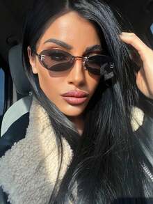 1pc Fashionable Frameless Retro Oval Small Metal Frame Glasses For Women, High-End European And American Style - Black and Gray Film - View 2