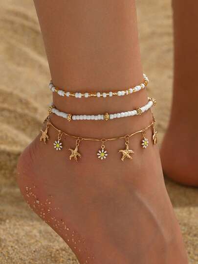 3pcs/Set Summer Beach Holiday Starfish & Daisy Pendant Anklet, Bohemian Style Beaded Jewelry For Teens, Suitable For Daily Wear, Beach Travel, And . Handmade Chain Can Be Cut To Desired Length