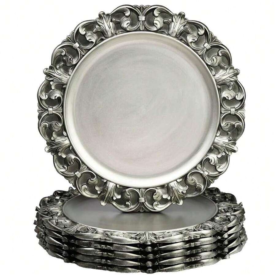 6 platos de servir de plástico con textura, de 13 pulgadas, con borde en relieve, en color plateado antiguo, para decoración de mesa, fiestas, bodas y días festivos - FD02S - Ver 1