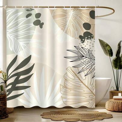 1pc Bohemian Sage Green Shower Curtain, Medieval Abstract Modern Aesthetic Tropical Leaf Pattern, Bathroom Bathtub Decor Accessory, Home Decor, Comes With Plastic Hooks, Suitable For Bathroom Decoration, Gift Giving And More