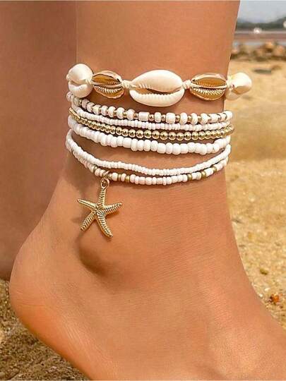 7pcs Boho Style Seed Bead Shell Starfish Decor Anklet Set For Women Girls Beach Summer Vacation Party Wear Accessories