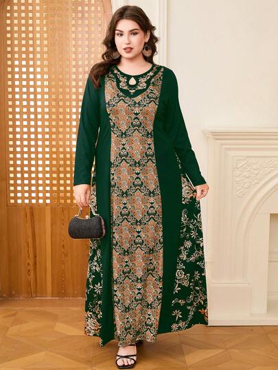 DEARCASE Plus Size Women Floral Print Keyhole Neck Long Sleeve Elegant Arabian Dresses Vacation Spring