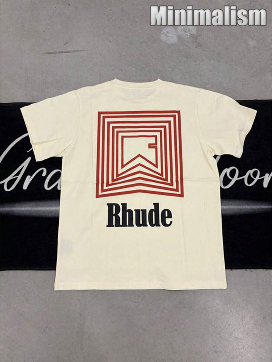 Rhude "Cream Squared"Tee,100% Cotton Printed T-Shirt,Stylish Design, Men's Graphic T-Shirt, Minimalist Design, Vintage Casual Style, Hip-Hop Style. Suitable For Outdoor Leisure Activities, Family Gatherings, And Dinners With Friends. - Màu be - Xem 1