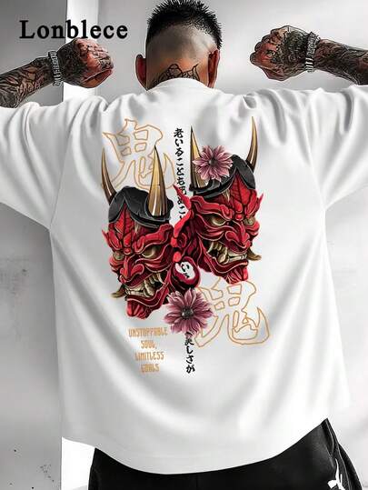 Lonblece Maglietta da uomo con stampa di maschera fantasma, maglietta bianca con fantasma rosso e disegno floreale, stile loose streetwear, adatta per uso casual