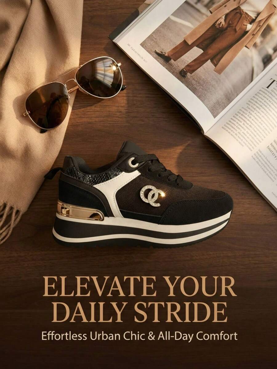 Bello Star Pantofi sport damă cu talpă groasă și stras, stil casual, pentru navetiști - Negru - Vizualizare 1