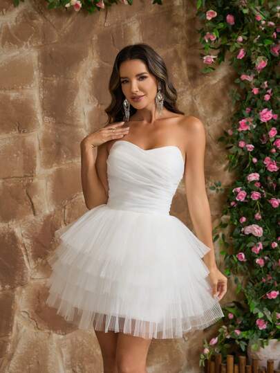 YUMIBRAVO Ballet Style Wedding Dresses Bride, Short White Dress For Women, Strapless Prom Dress For Birthday Party Graduation Fall