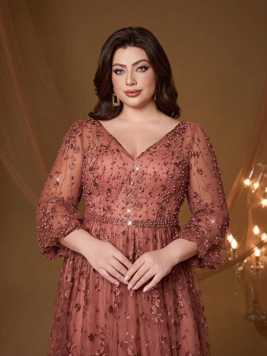 Đầm dạ hội cao cấp, kiểu dáng mới, cổ chữ V, thêu ren, đính hạt cườm, tay lỡ, chất liệu sang trọng, thích hợp cho mùa hè và đám cưới. - Gỗ đỏ - Xem 1