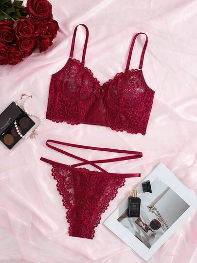 Women's Sexy Floral Lace Bow Decor Lingerie Set