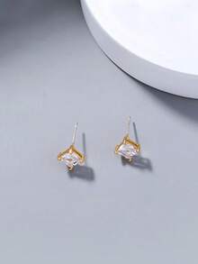 2pcs Girl's Square Cubic Zirconia Stud Earrings, Basic Daily Accessory - Gold - View 5