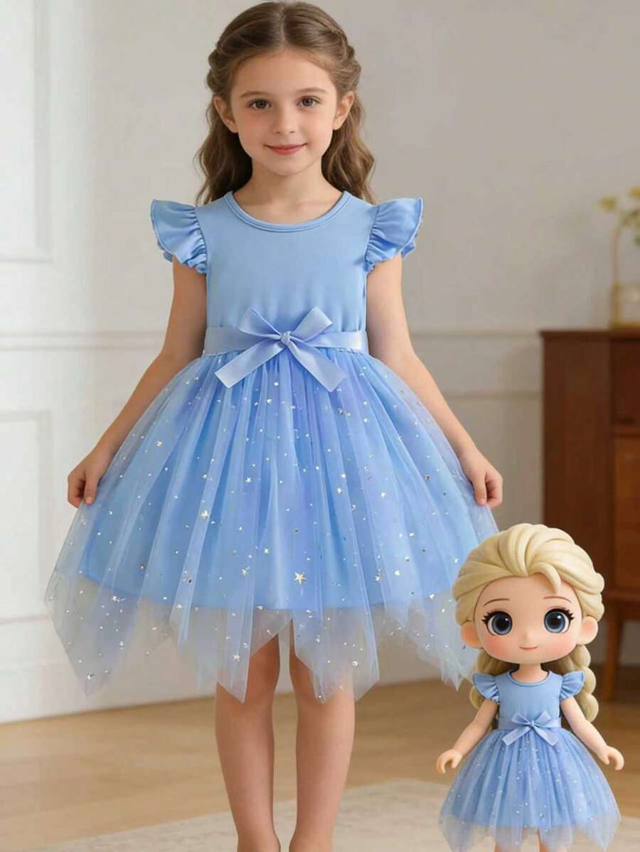 Girls' Round Neck Cap Sleeve Mesh Asymmetric Hem Dress With Belt, Suitable For Outings, Family Gatherings, Parties, And Daily Wear, Spring/Summer - Blue - View 1