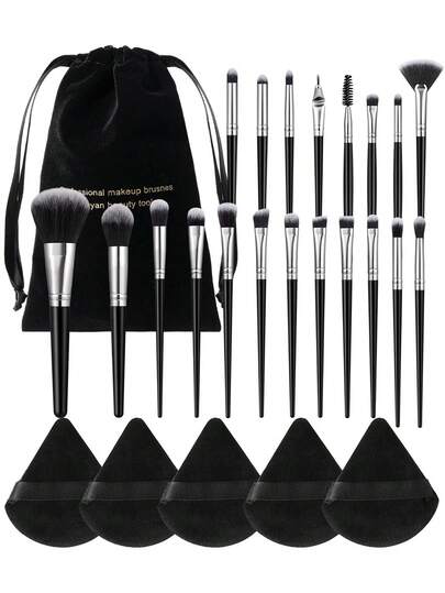 Set de maquillaje completo de 26 piezas/5 piezas/1 pieza para Eid Al-Fitr, que incluye 20 pinceles de maquillaje suaves como un pincel para polvo traslúcido, pincel para rubor, pincel para contorno, pincel para iluminador, pincel para base, pincel para contorno de nariz, pincel para sombra de ojos, pincel para cejas, pincel para labios y pincel de detalle, además de 1 bolsa de almacenamiento de tela esponjosa y 5 borlas de polvo triangulares; ideal para principiantes, artistas de maquillaje profesionales y escenarios de práctica de belleza para novatos.