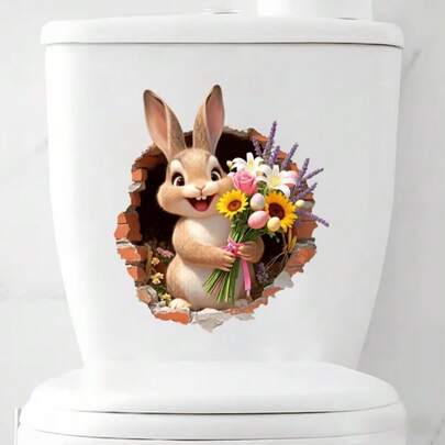 1张破墙厕所贴纸，可爱兔子手捧春花和复活节彩蛋，防水可移除乙烯基艺术贴纸，适用于浴室洗手间装饰。