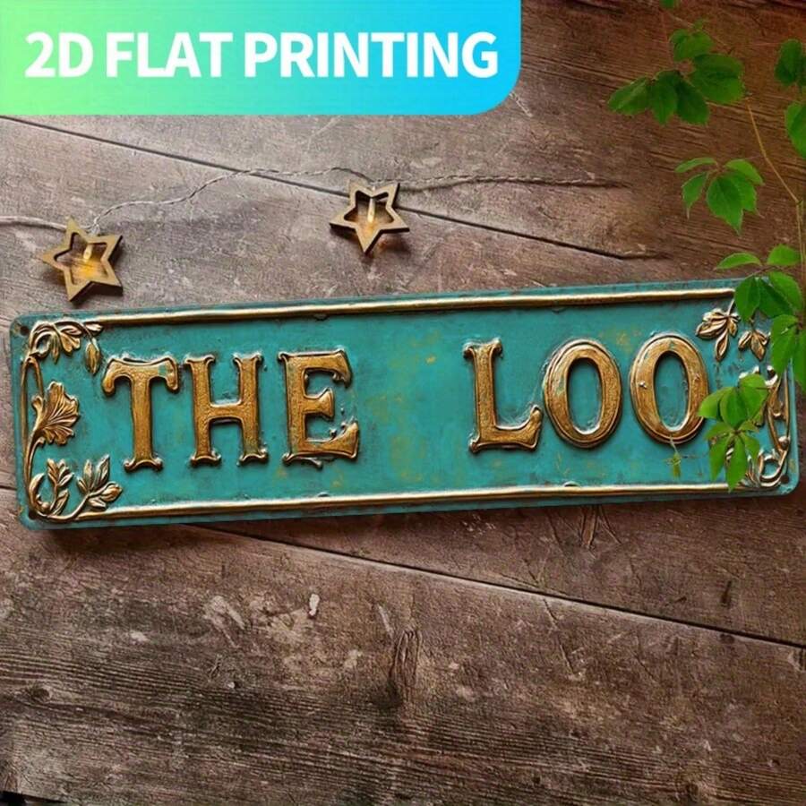 2D Flat, 1pc Vintage Bathroom Or Kitchen Wall Decor - "THE LOO" Metal Sign, Teal And Gold, Size 39.88x9.91cm, Large Farmhouse Decor, Pre-Drilled Holes For Easy Hanging - Perfect Housewarming Gift, Suitable For Home, Porch Or Gothic Interior, 2D, 2D Flat - 1PC - View 1