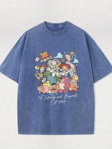 Disney [Authorized] 230g High-Quality Single-Sided Printed Batik T-Shirt, Printed With The Characters Of Toy Story Series, With The Word "Land" Above It. - Xanh đậm - Xem 1
