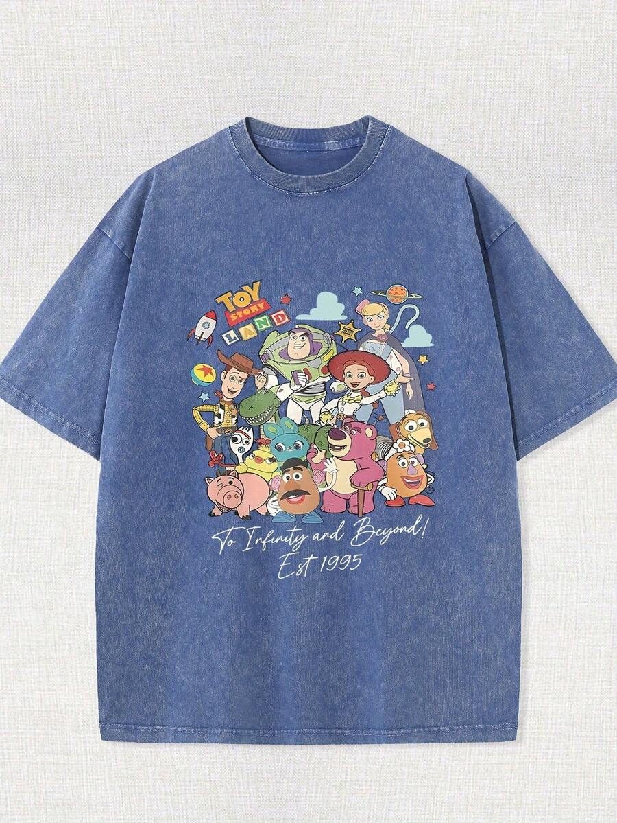 Disney [Authorized] 230g High-Quality Single-Sided Printed Batik T-Shirt, Printed With The Characters Of Toy Story Series, With The Word "Land" Above It. - Xanh đậm - Xem 1