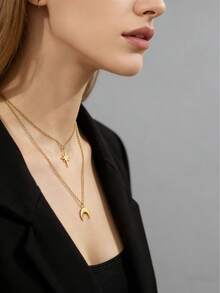 2pcs/Set Fashion Items, Gold Layered Moon & Star Pendant Necklace, Ramadan & Eid Festival Accessories, Minimalist Chic Y2K Aesthetics, Adjustable Layering, Suitable For Daily Wear, Eid Celebration And Gift - Multicolor - View 4