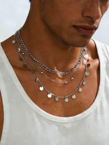 1pc Niche Silver Metal Figaro Chain Round Disc Multi-Layer Necklace, Suitable For Men's Street Fashion, Party, Birthday, Daily Wear (No Gift Box) - Silver - View 1