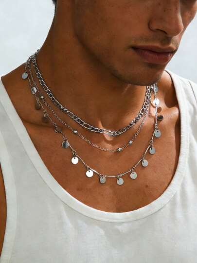 1pc Niche Silver Metal Figaro Chain Round Disc Multi-Layer Necklace, Suitable For Men's Street Fashion, Party, Birthday, Daily Wear (No Gift Box)