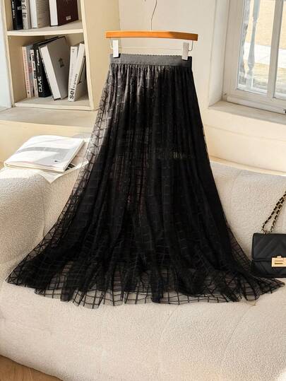 Women's Fashion Plaid Mesh Skirt, Solid Color Elegant Skirt For Everyday, Date, Travel, Office, All Seasons