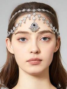 女士异域风情头饰，复古风格，银丝镂空额链，眉间垂坠吊坠，适合新娘、婚礼、肚皮舞表演及作为配饰。头饰，头部饰品 - 圓形 - 查看 3
