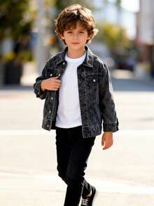 Toddler Boys' Black Denim Jacket,  Vintage Print American Style Jean Coat. Cool Loose Fit Trucker Jacket 4-7 Years. Soft, Durable & Comfortable For All Seasons. All Season Wear. Ideal For School, Park & Daily Play. Spring Fall Outerwear. Birthday Gift For Kids. - Black - View 7