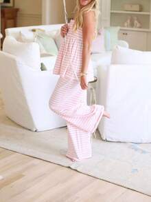 Women's Casual And Comfortable Suit For Spring And Summer, Featuring A Striped, Off-The-Shoulder Bandeau Top And Matching Trousers; A Stylish And Casual Outfit. - 粉色 - 查看 3