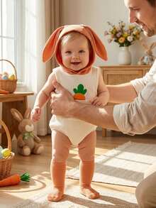 Disfraz de conejito de Pascua para bebé, mono sin mangas con capucha y bolsillo bordado de zanahoria, calcetines largos, ropa de fiesta - Naranja - Ver 4