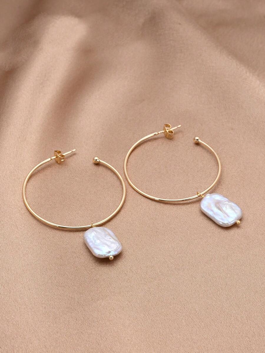 1 Pair 18K Gold Plated Natural Freshwater Pearl Large Hoop Earrings, Gift For Mother's Day, Valentine's Day, Birthday, Wedding, Engagement, Bride - White - View 1