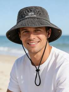 1顶成人水洗做旧渔夫帽，马里兰州海洋城刺绣，可调节防风绳，宽帽檐，防晒，适合海滩旅行和街头服饰。 - 1Pc - 查看 2