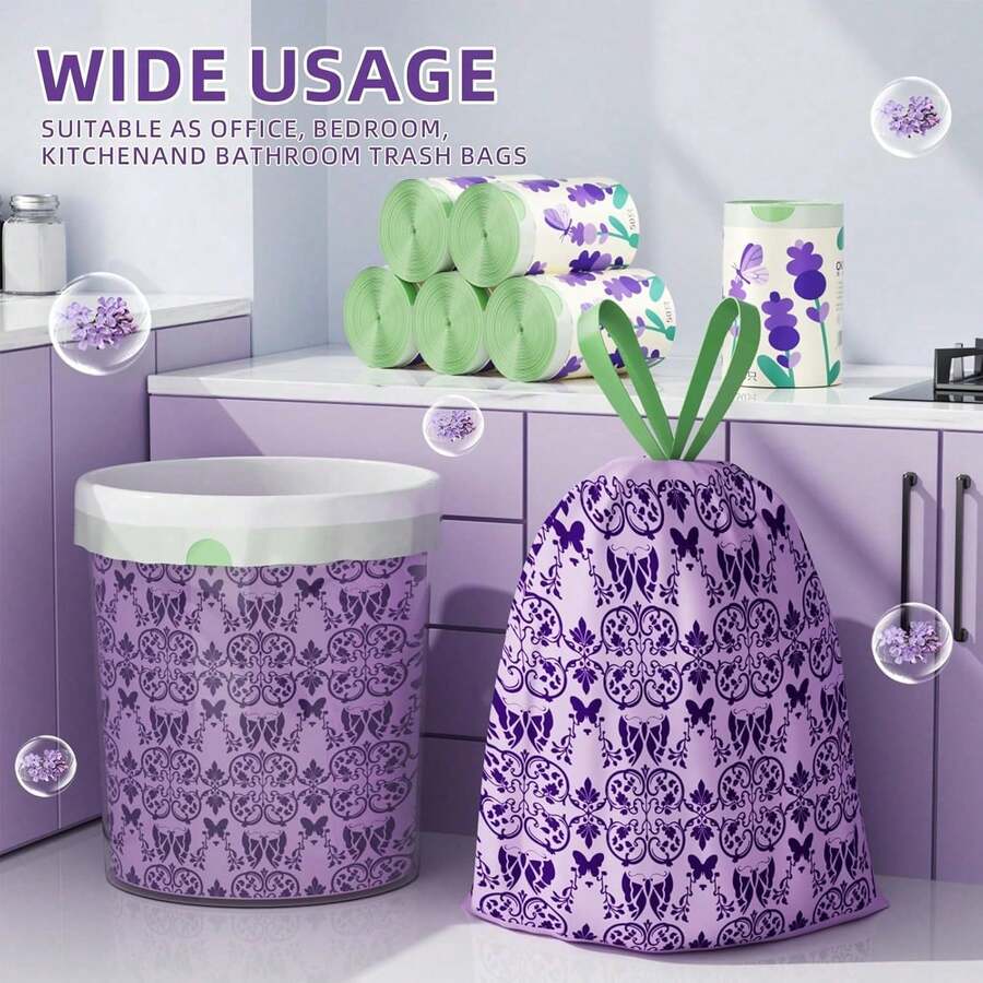 50个薰衣草香味抽绳垃圾袋。厨房用品，垃圾收纳袋。加厚防漏一次性垃圾袋，抗撕裂，带自封功能，适用于露营、厨房、浴室、卧室、客厅和卫生间等各种场景。 - 多款式 - 查看 1