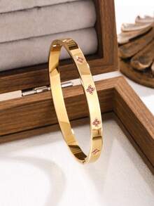 4 pièces/set Bracelet en acier inoxydable plaqué or 18 carats avec cubic zirconia cubiques de couleur luxueux, bijou de mode conçu pour les femmes - Or jaune - Voir 2