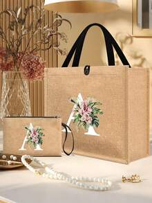 1个简约字母印花亚麻手提袋，情人节女友礼物，多功能便携亚麻手提袋，适合教师节、教师节、女士等场合，字母印花手提袋，化妆包，精美旅行沙滩包，可重复使用的购物袋，适合婚礼、生日、海滩、假日等场合。 - 彩色 - 查看 5