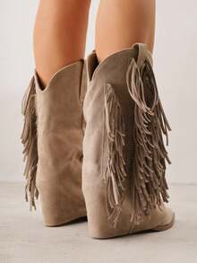 Heeled Cowboy Boots With Turn-Up Heel And Fringe - Beige - View 4