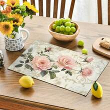 1/4/6pcs Elegant Pink Roses Shabby Chic Placemats - Vintage Floral Table Mats With Soft Pink Roses & Green Foliage On, Rectangular Linen Kitchen & Dining Table Decor For Holiday Parties, Everyday Use, Hand Wash Only, Durable & Easy-Care Elegant Table Se - 12x18inch - View 3