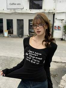 Letter Print U-Neck Fitted Long Sleeve T-Shirt, Stylish Top For Women, New Arrival Early Autumn Casual Black Spring - Black - View 1