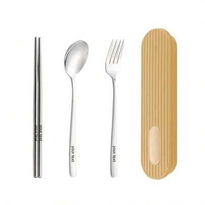 1pc Customize A Personalized 304 Stainless Steel Portable Tableware Set, Including Korean Spoons, Forks And Bamboo Chopsticks, With A Striped Box. It Can Be Customized And Fashionable.