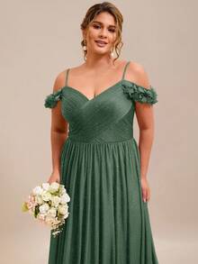 EVERPRETTY Elegantes Brautjungfernkleid mit Blumenmuster und Off-Shoulder Ausschnitt in Waldgrün, geeignet für formelle Hochzeitspartys, Frühlings-/Sommerhochzeitsgast Urlaubskleid - Grün - Übersicht 4