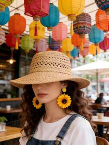 一对向日葵耳环，适合女性日常、派对、度假、夏季佩戴 - 黃色 - 查看 1