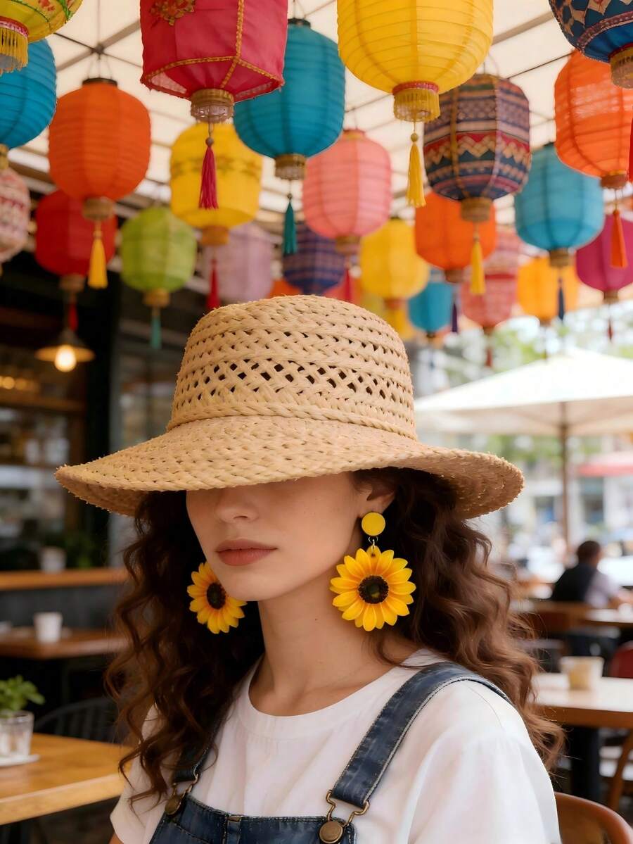 一对向日葵耳环，适合女性日常、派对、度假、夏季佩戴 - 黃色 - 查看 1