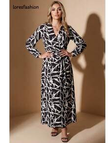 Long V-Neck Dress With Sash - Black - View 2