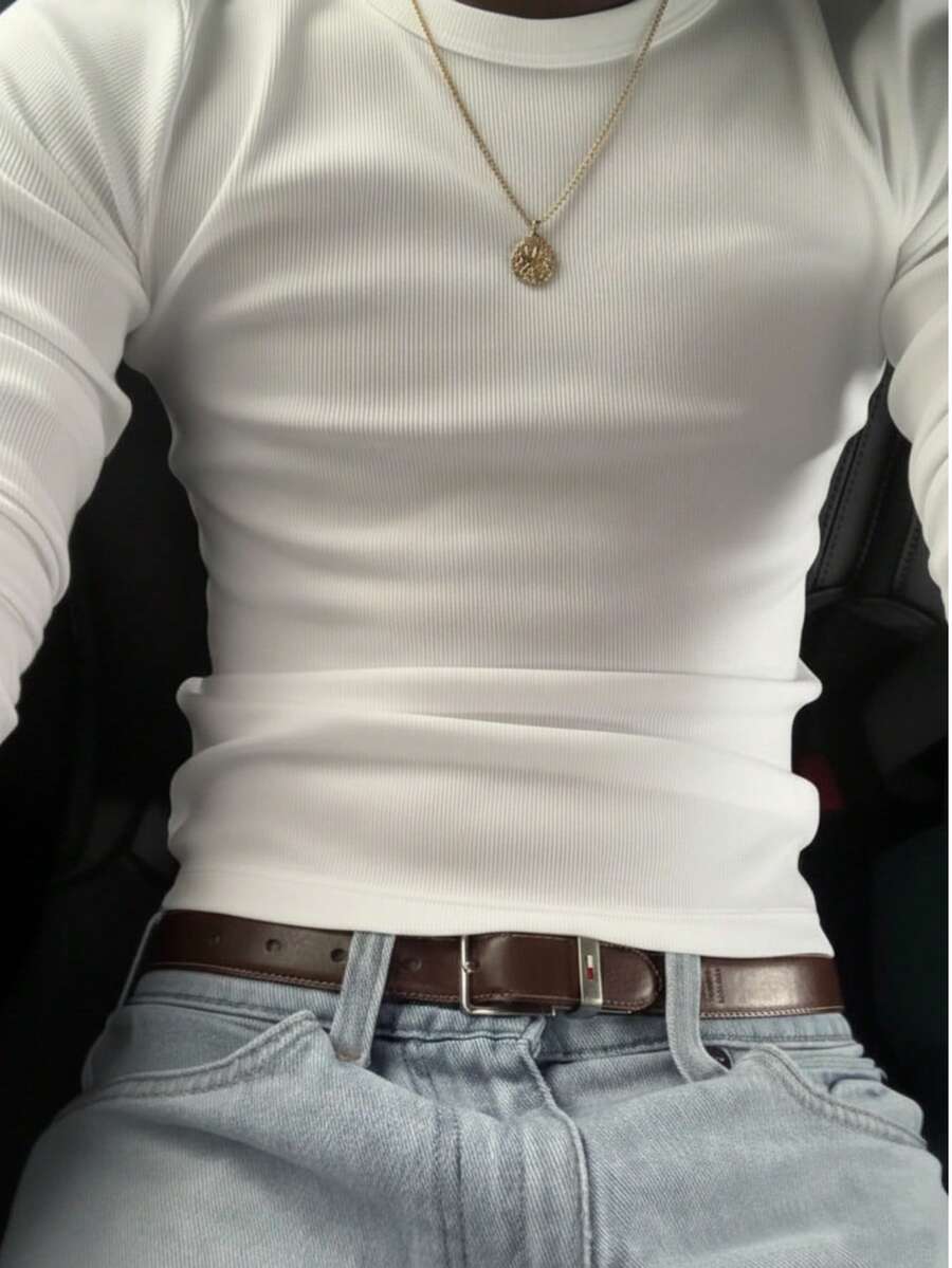 Men's Sweater, Long Sleeve, Ribbed Cotton, ESSENTIAL, Round Neck - White - View 1