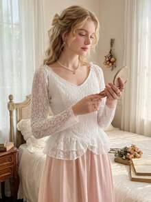 Women Lace Long Sleeve Shirts Floral V Neck Layered Ruffled Going Out Tops  Fall Streetwear - White - View 3