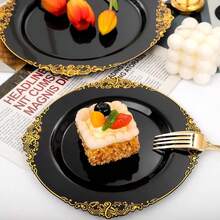 102PCS Black And Gold Plastic Plates - Black Disposable Plates - Heavyweight Disposable Plate With Gold Rim - Fancy Dinner & Dessert Plate For 51 Guests Weddings & Party - 黑色 - 查看 10