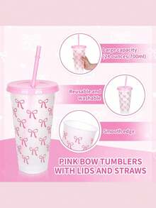 1pc/5pcs/10pcs 24oz Powder Blue Bow Tumbler With Lid And Straw, Reusable, Cute Transparent Cup, Suitable For Birthday, Wedding And Party Supplies, Reusable With Pink Ribbon, Summer Beverage Cup, Suitable For Birthday, Wedding And Party Supplies, Perfect For Party, Drinking, Coffee, Also Suitable For Mother's Day, Wedding, Birthday, Bachelorette Party Or As A Gift - Multicolor - View 7